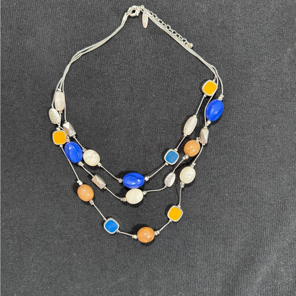NY & Co Multistrand Statement Necklace Blue Orange Bead Silver Tone Layered